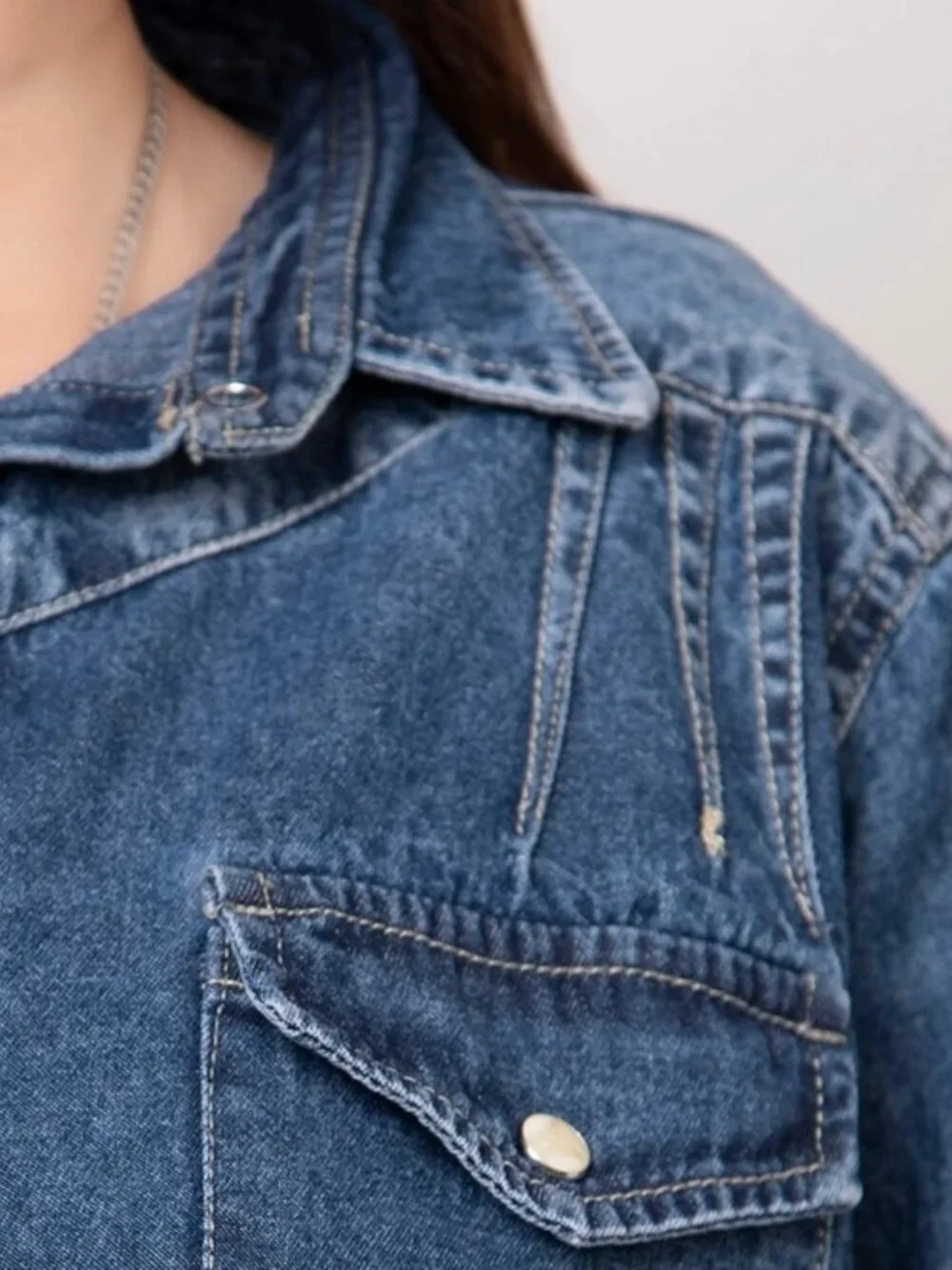Denim Western Shirt with Tooled Leather Yoke & Turquoise Geometric Trim XLarge - Picture 4 of 5